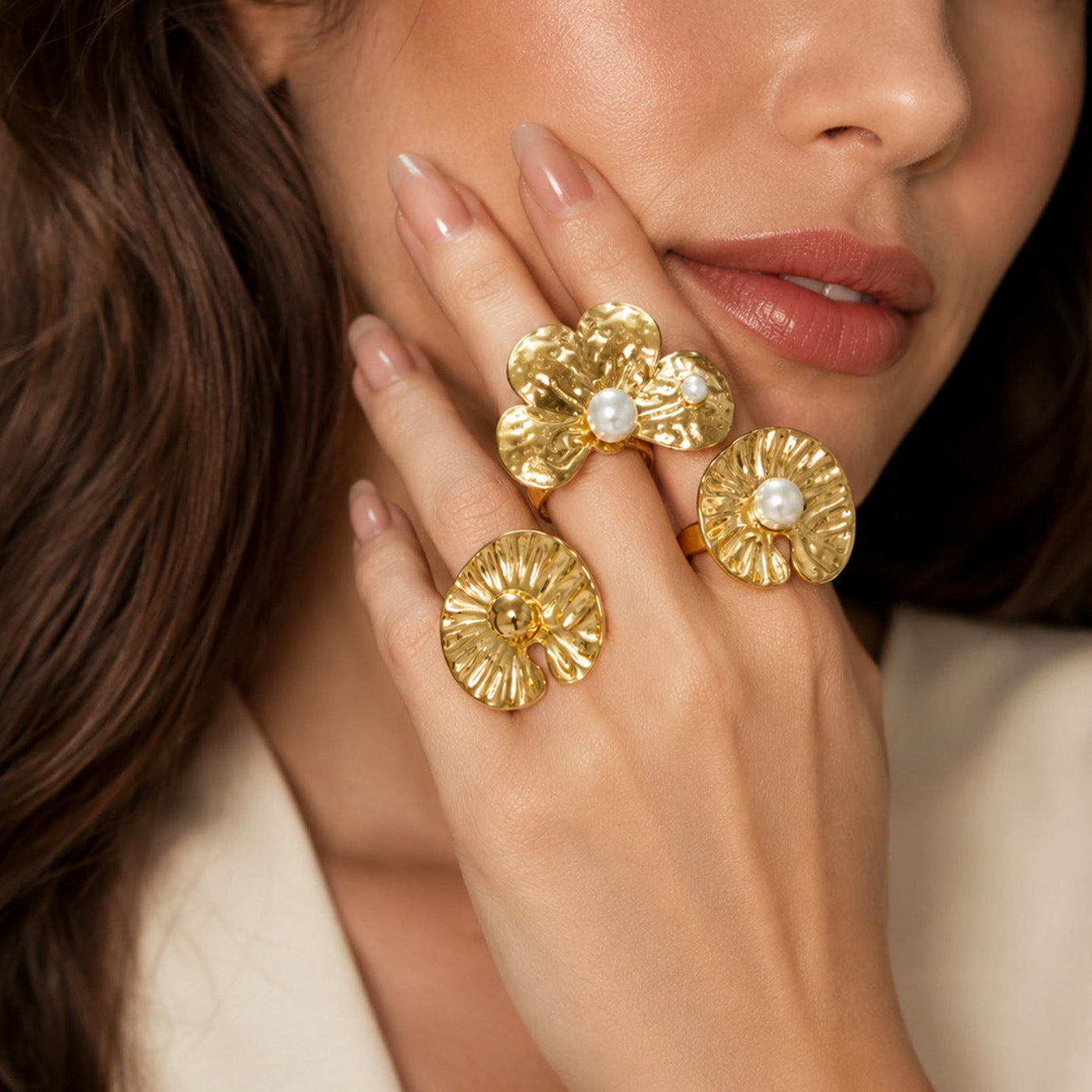 316L Stainless Steel 18K PVD Gold Petal Pearl Ring Set made with 316L stainless steel and 18K PVD gold finish for wholesale jewelry buyers - image 9