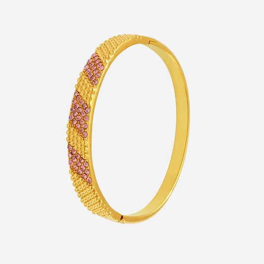 18k gold plated stainless steel pink 5a zircon bangle, white background display
