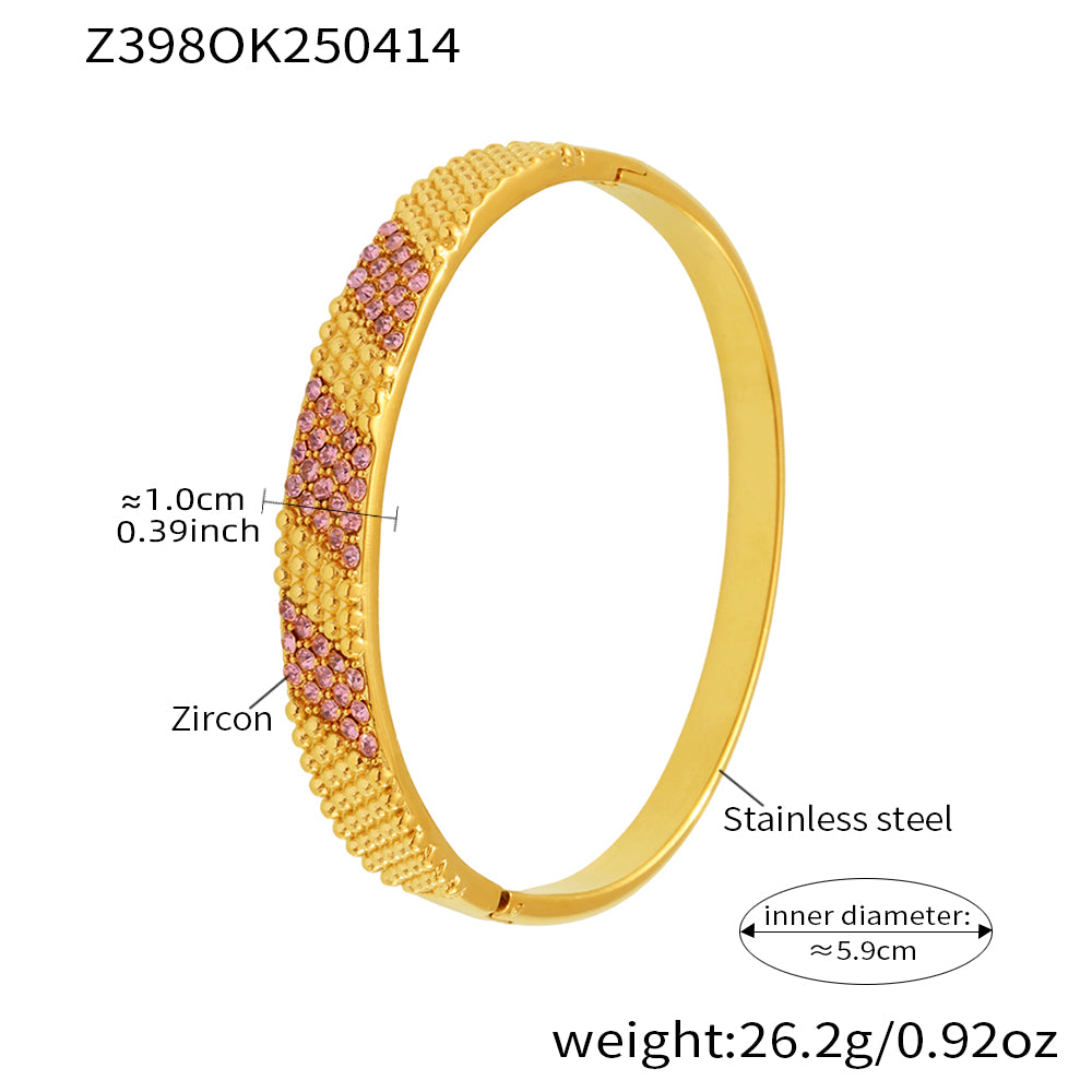 18k gold plated stainless steel pink 5a zircon bangle (z398ok250414), inner diameter 5.9cm, weight 26.2g