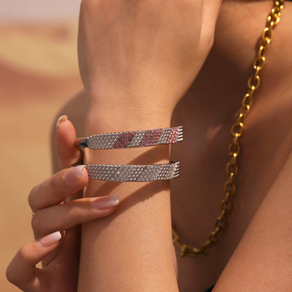 stainless steel pink 5a zircon bangle, model wearing with necklace
