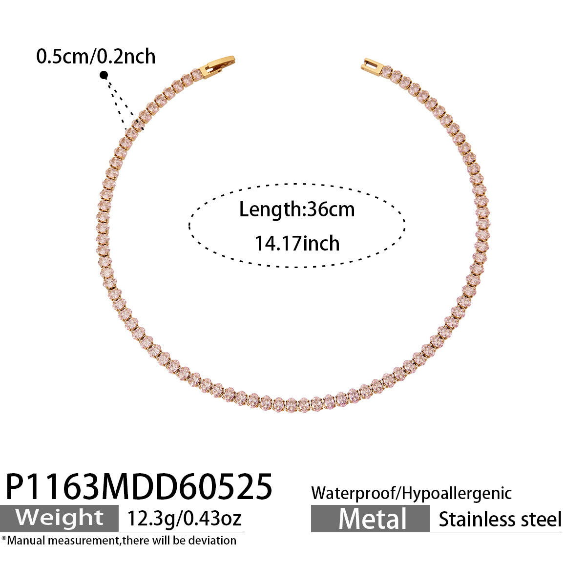 Pink CZ tennis necklace in 316L stainless steel with 18K PVD gold plating for feminine jewelry collections