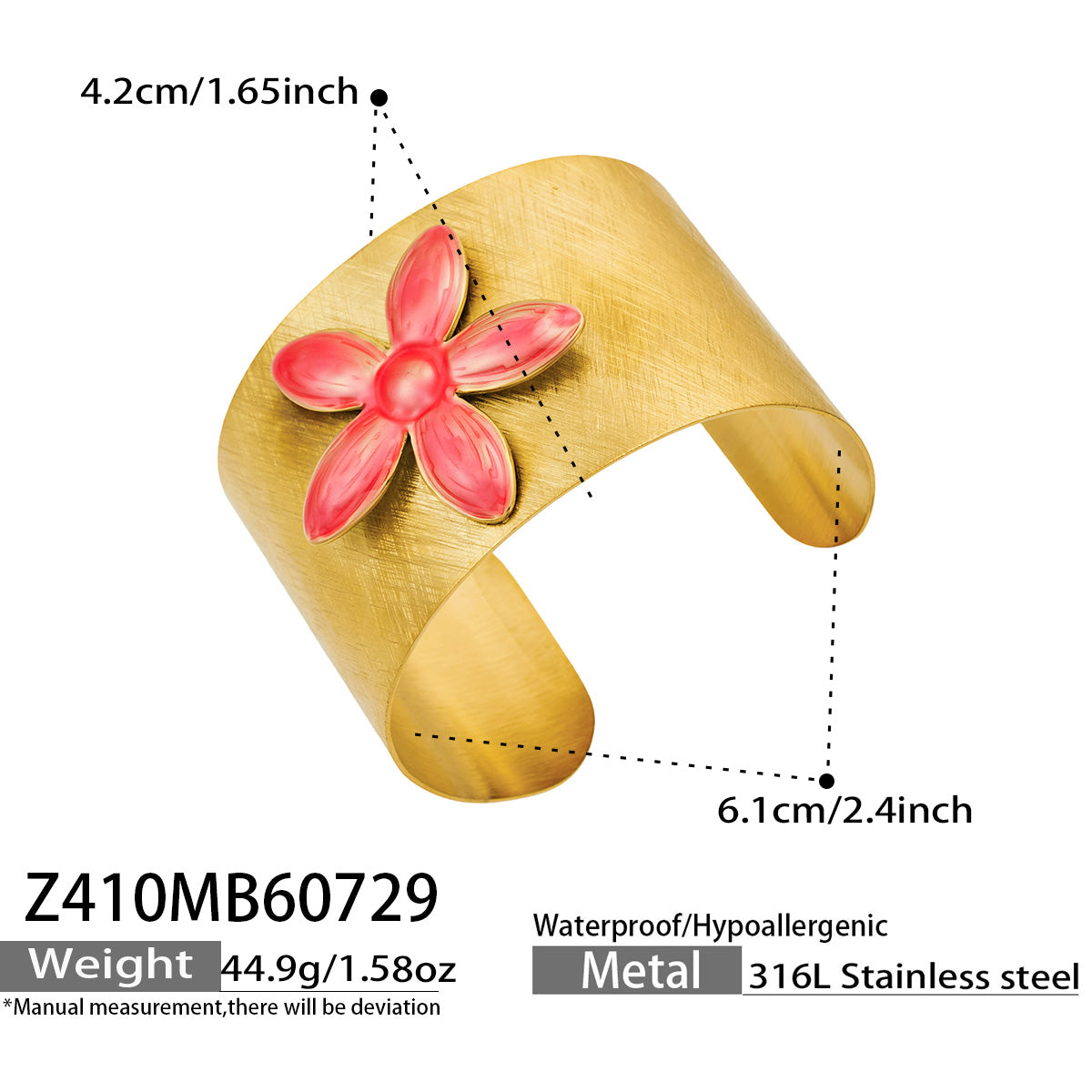 Pink enamel flower cuff bracelet width, opening and product specification guide