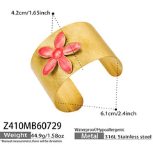 Pink enamel flower cuff bracelet width, opening and product specification guide