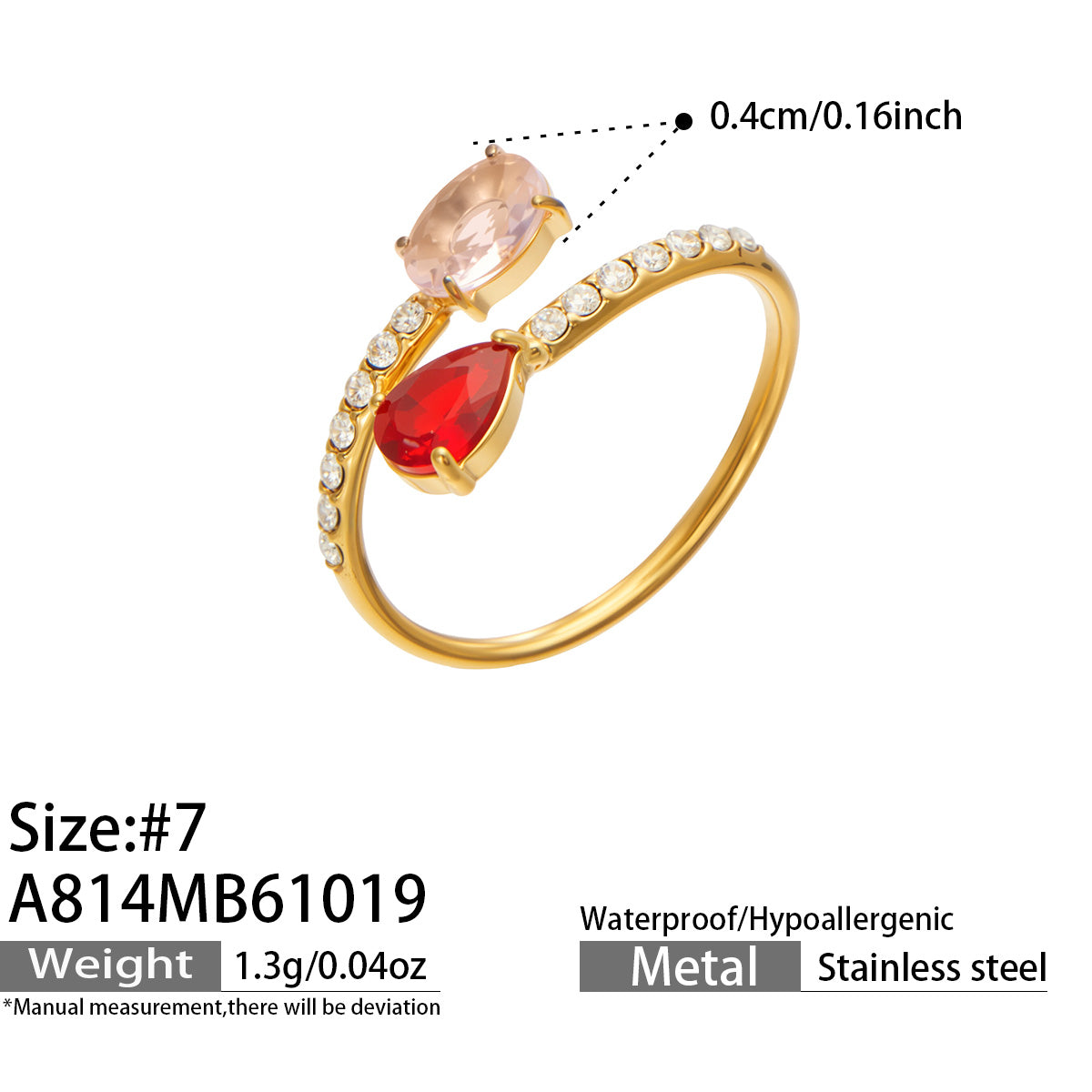 A814 gold-tone open ring with pink and red colored glass stones and white CZ accents