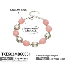 Specification card for a pink resin bead bracelet with stainless steel accent beads.