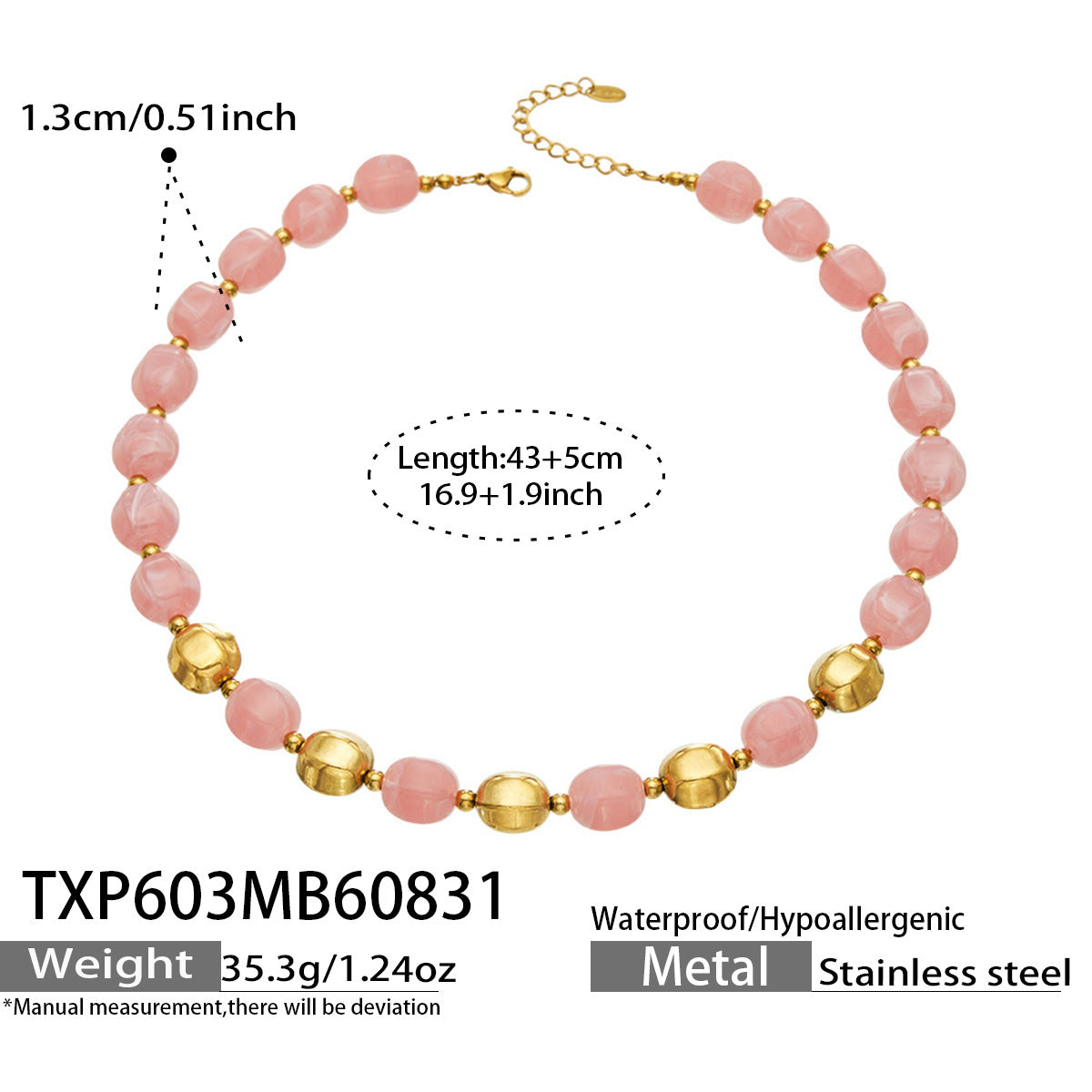 Specification card for a pink resin bead necklace with stainless steel accent beads.