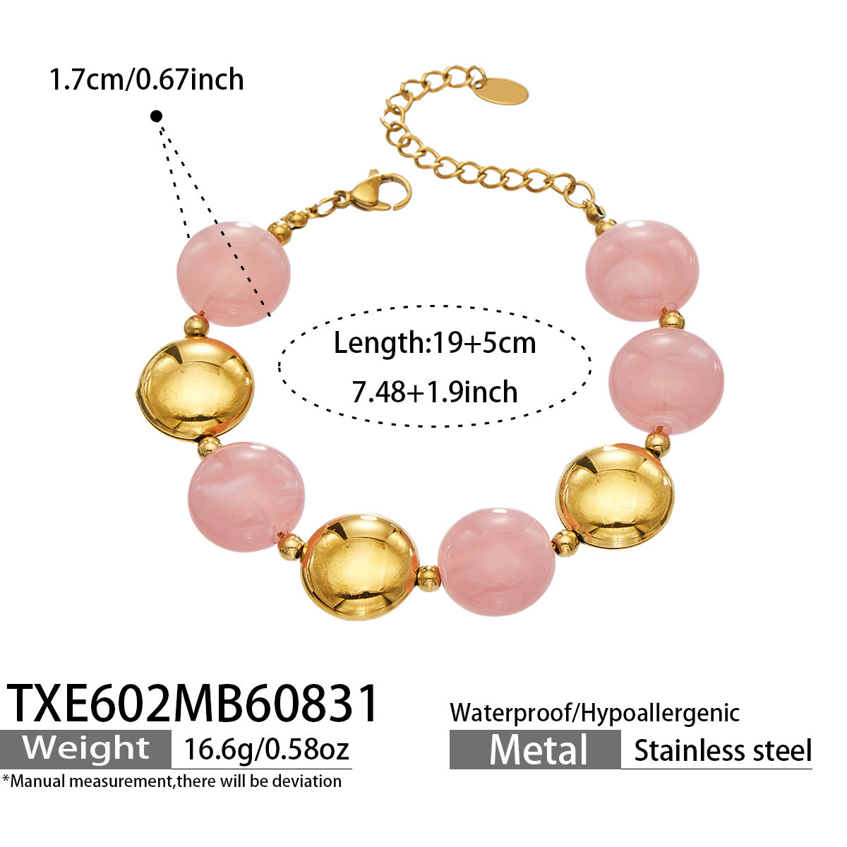 Pink resin bead bracelet with gold-tone accents, product detail sheet with size and style information.
