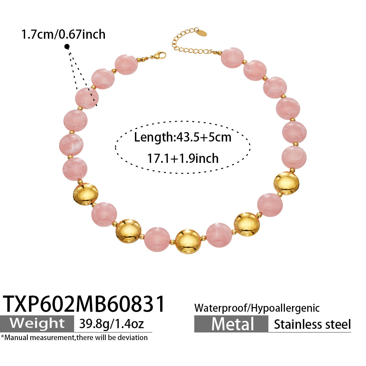 Pink resin bead necklace with gold-tone accents, product detail sheet with size and style information.