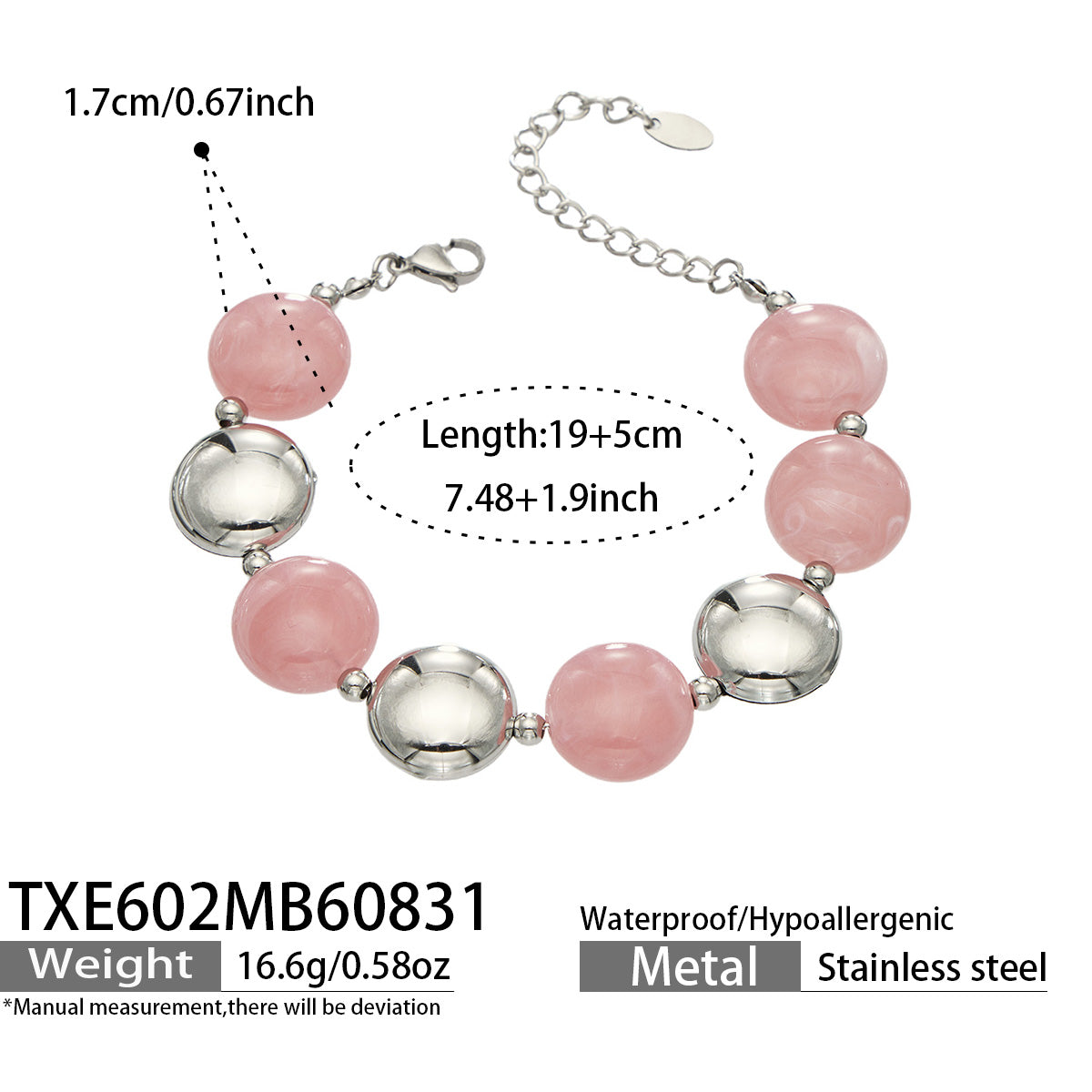 Pink resin bead bracelet with steel-tone accents, product detail sheet with size and style information.