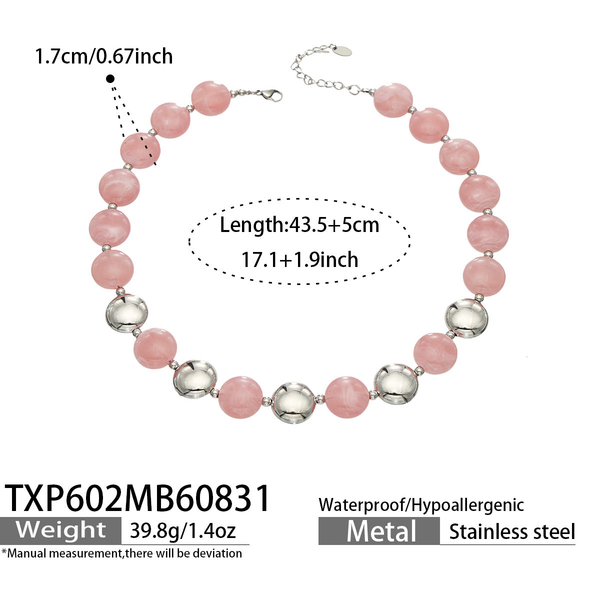 Pink resin bead necklace with steel-tone accents, product detail sheet with size and style information.