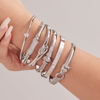 model wearing polished silver 5a zircon bamboo bracelet set, sleek european american style jewelry