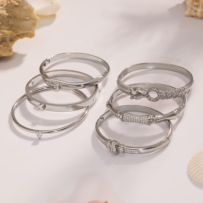 polished silver 5a zircon bamboo bracelet set displayed on white background, modern minimalist jewelry