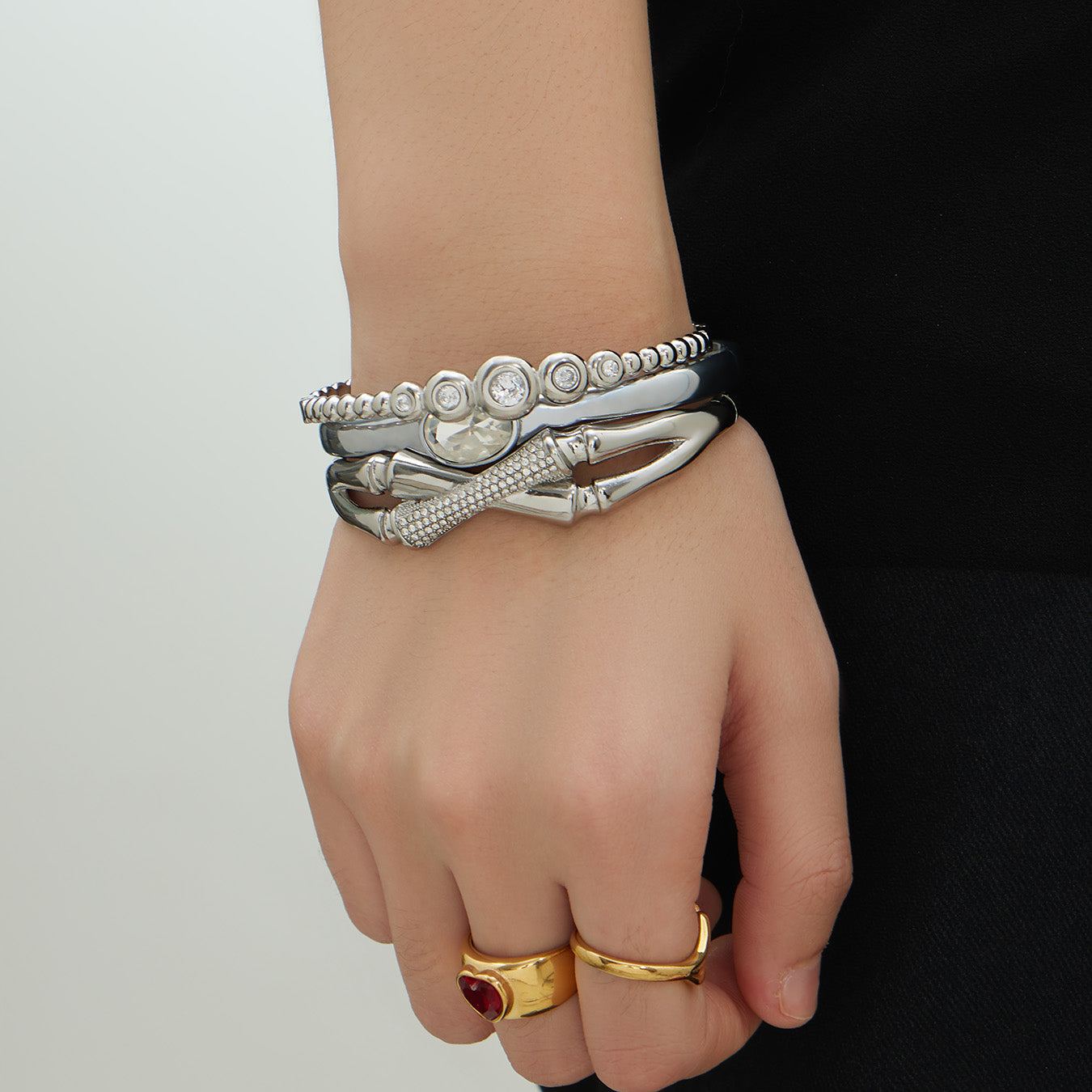 316L Stainless Steel 5A Zircon Clip-On Bangle Set with PVD Gold