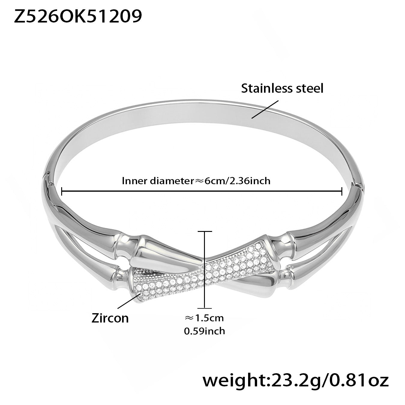 polished silver bamboo 5a zircon stainless steel bracelet spec view, inner diameter 6cm, weight 23.2g