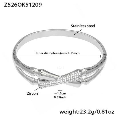 polished silver bamboo 5a zircon stainless steel bracelet spec view, inner diameter 6cm, weight 23.2g