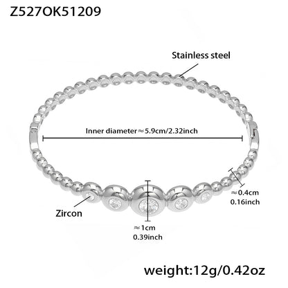 polished silver beaded 5a zircon stainless steel bracelet spec view, inner diameter 5.9cm, weight 12g