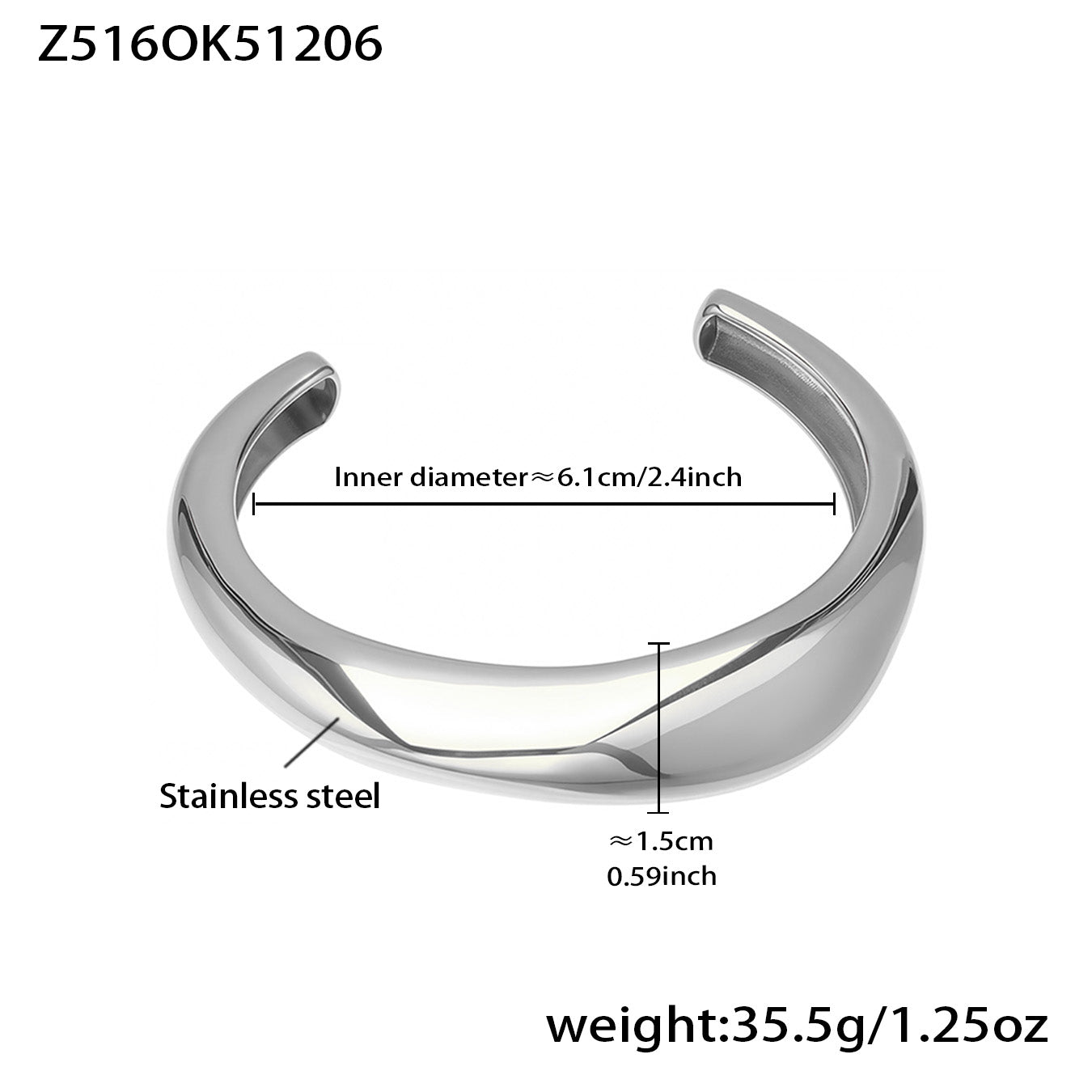 polished silver c-shaped stainless steel bracelet spec view, inner diameter 6.1cm, weight 35.5g