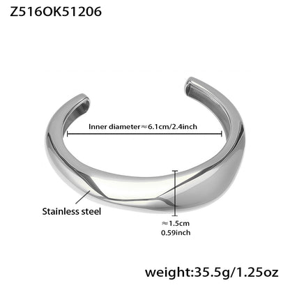 polished silver c-shaped stainless steel bracelet spec view, inner diameter 6.1cm, weight 35.5g