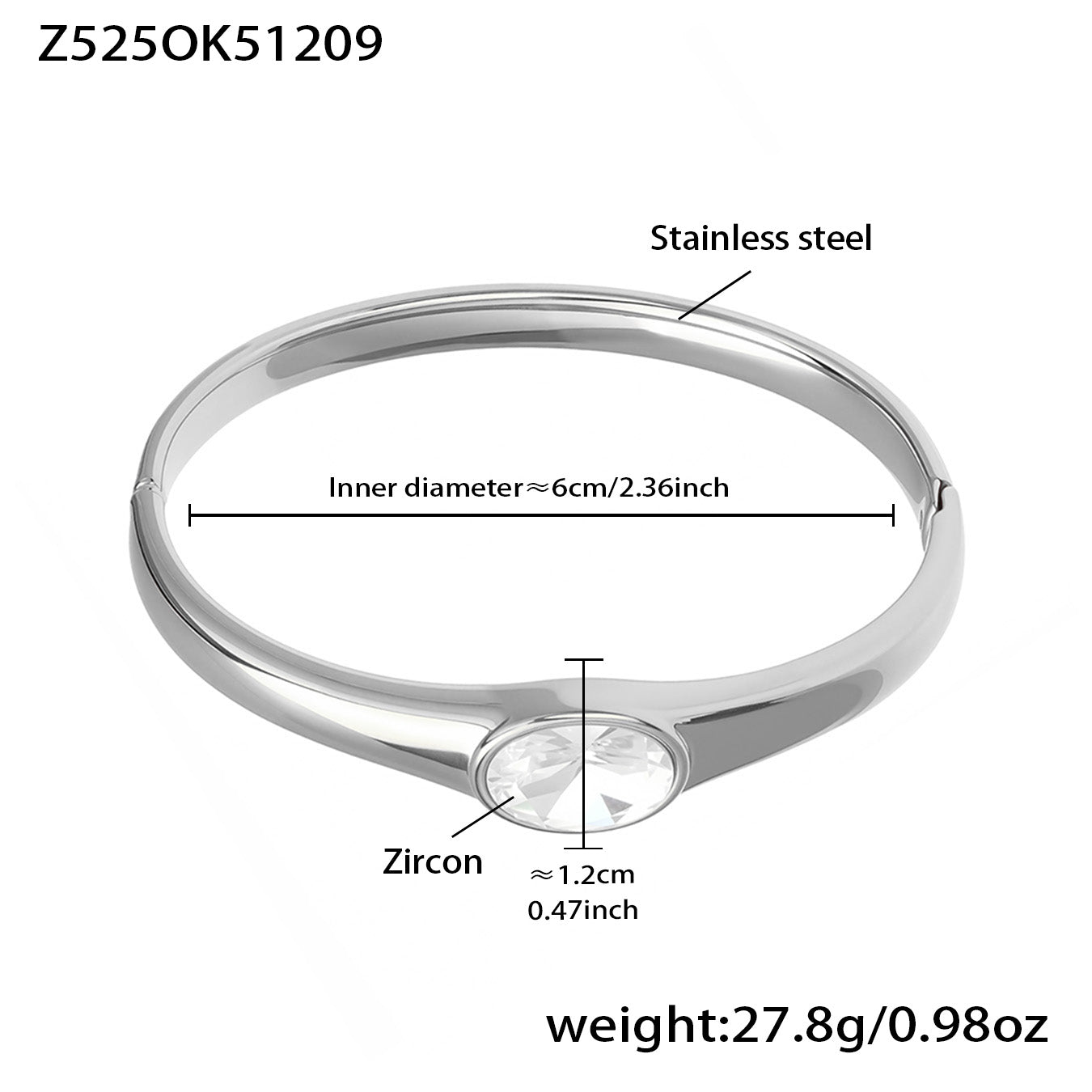 polished silver single 5a zircon stainless steel bracelet spec view, inner diameter 6cm, weight 27.8g