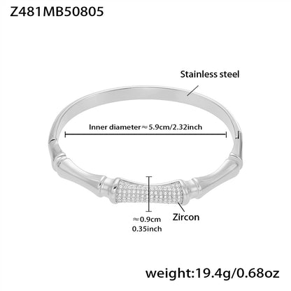 polished silver stainless steel bamboo design zircon bracelet spec view, inner diameter 5.9cm, weight 19.4g