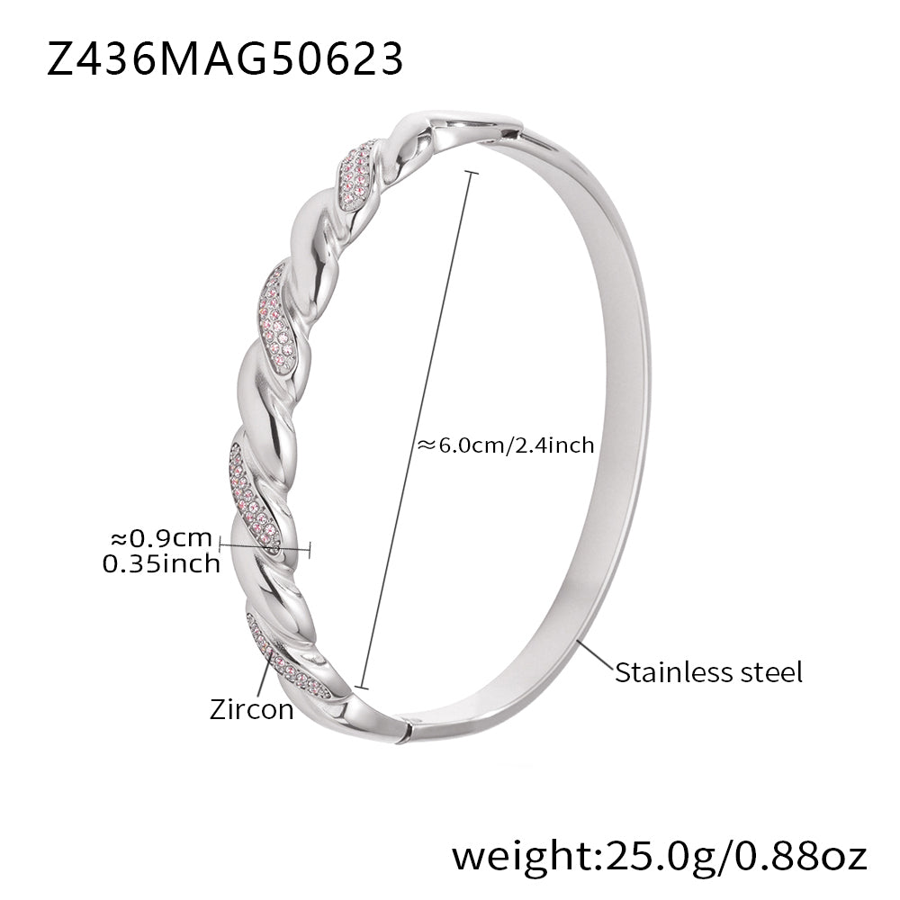 Polished silver stainless steel braided pink zircon bangle spec view, inner diameter 6.0cm, weight 25.0g