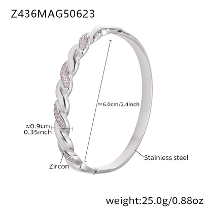 Polished silver stainless steel braided pink zircon bangle spec view, inner diameter 6.0cm, weight 25.0g