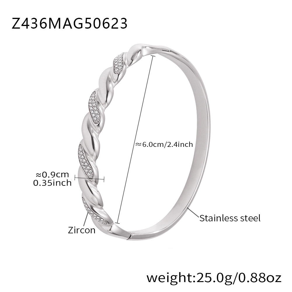 Polished silver stainless steel braided white zircon bangle spec view, inner diameter 6.0cm, weight 25.0g