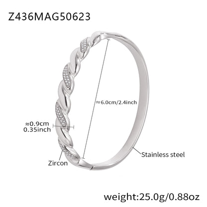 Polished silver stainless steel braided white zircon bangle spec view, inner diameter 6.0cm, weight 25.0g