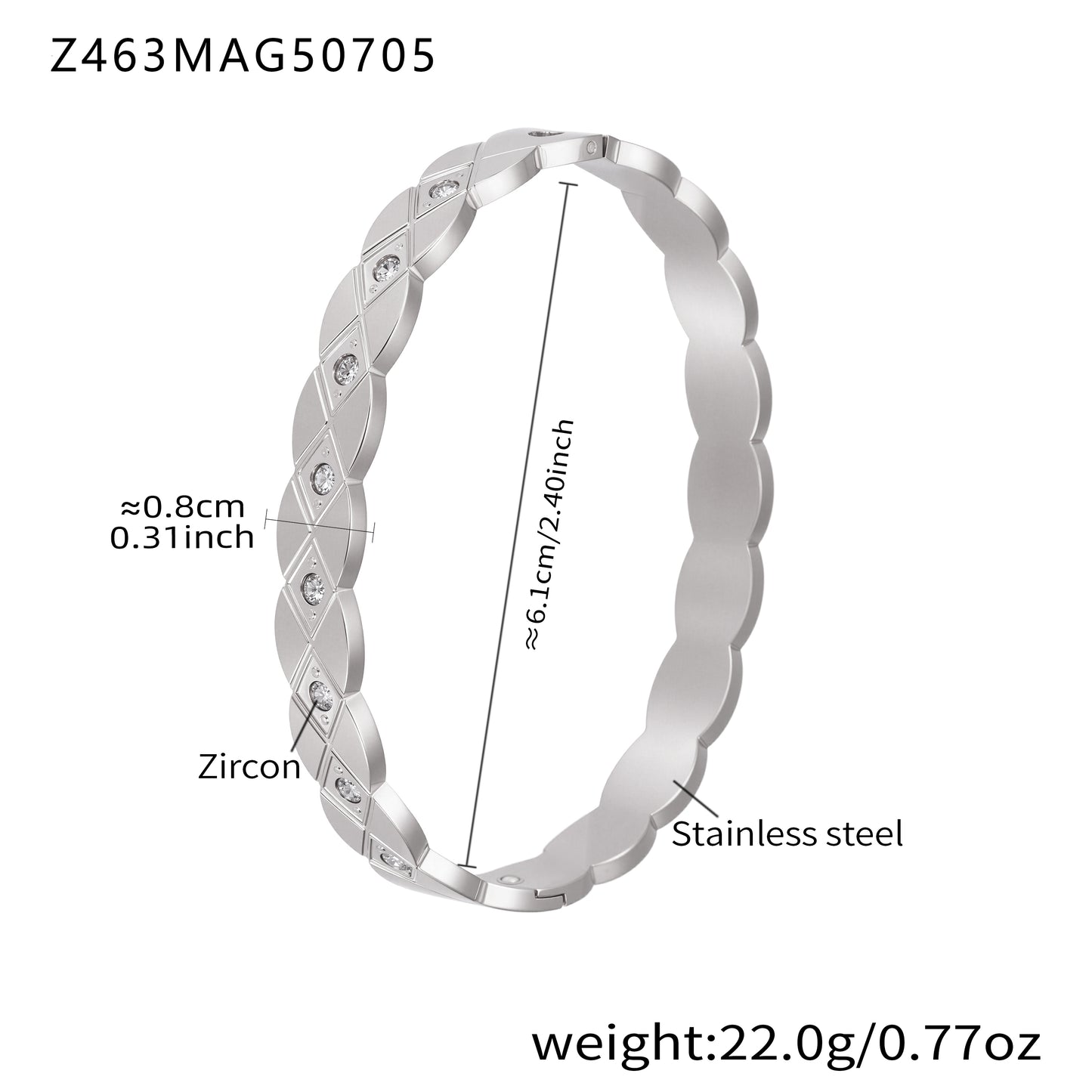 polished silver stainless steel thin full zircon bangle spec view, inner diameter 6.1cm, weight 13.0g