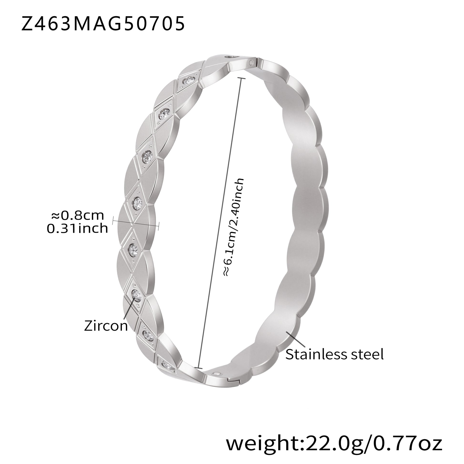 polished silver stainless steel thin full zircon bangle spec view, inner diameter 6.1cm, weight 13.0g