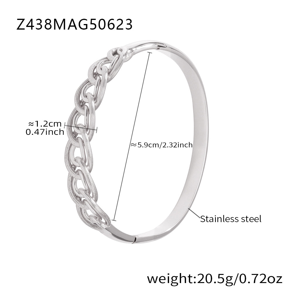 Polished silver stainless steel chain-pattern bangle spec view, inner diameter 5.9cm, weight 20.5g