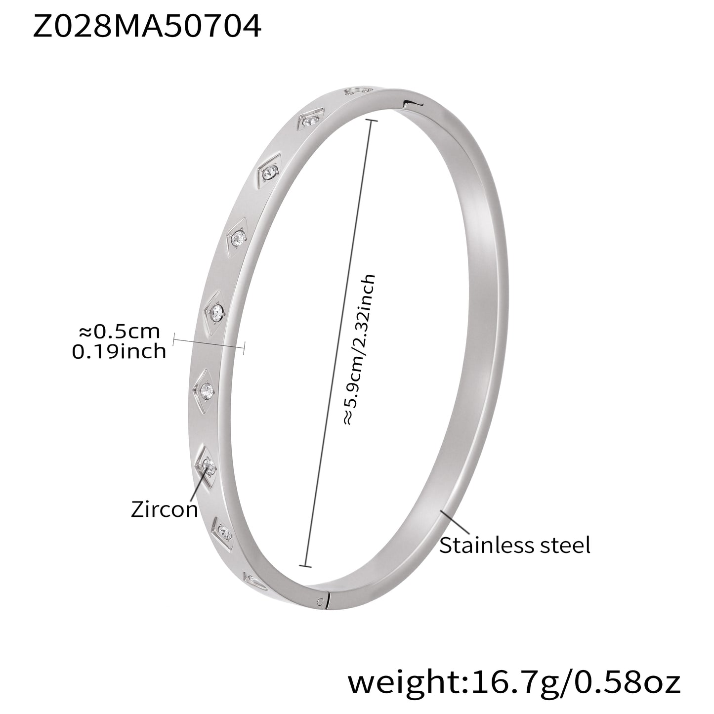 polished silver stainless steel diamond zircon bangle spec view, inner diameter 5.9cm, weight 16.7g