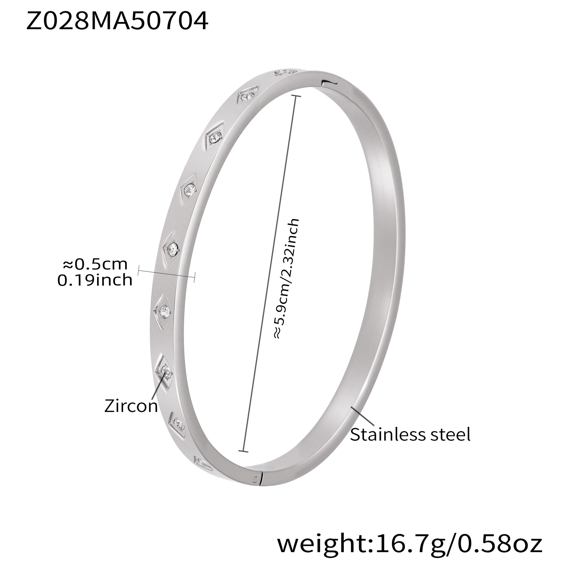 polished silver stainless steel diamond zircon bangle spec view, inner diameter 5.9cm, weight 16.7g