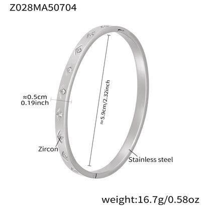 polished silver stainless steel diamond zircon bangle spec view, inner diameter 5.9cm, weight 16.7g