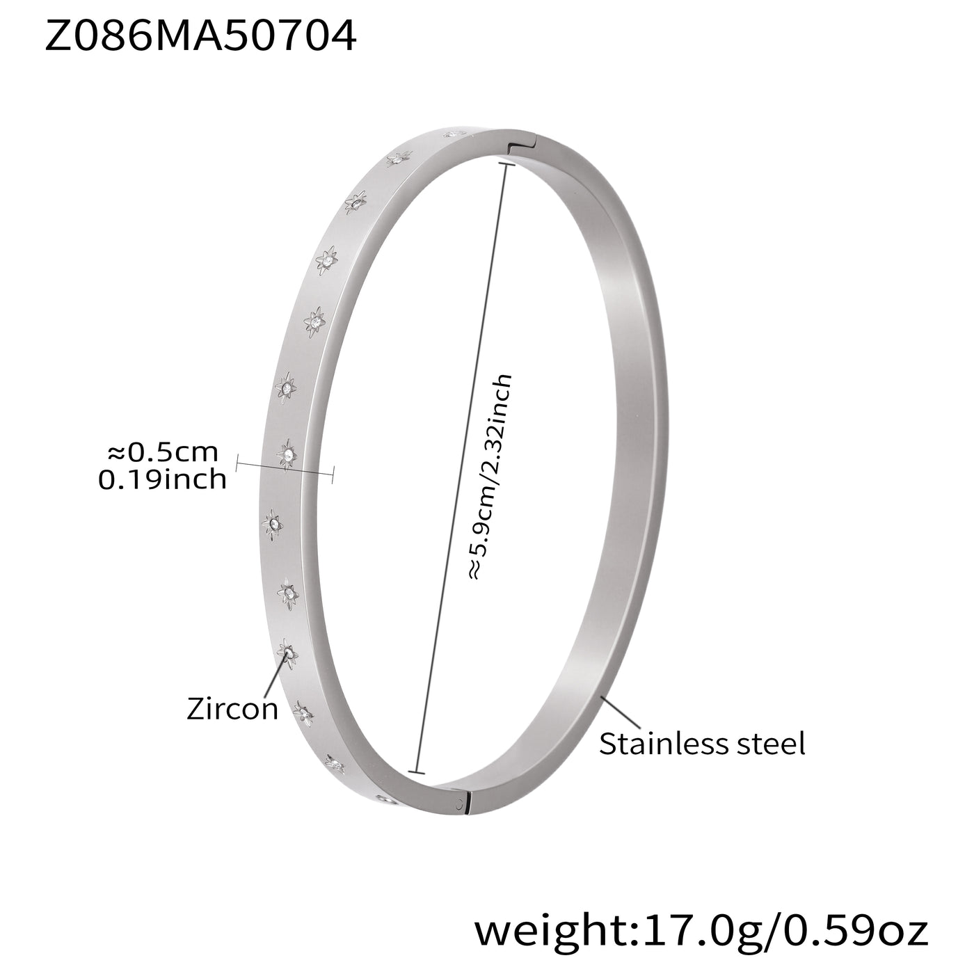 polished silver stainless steel full star zircon bangle spec view, inner diameter 5.9cm, weight 17.0g