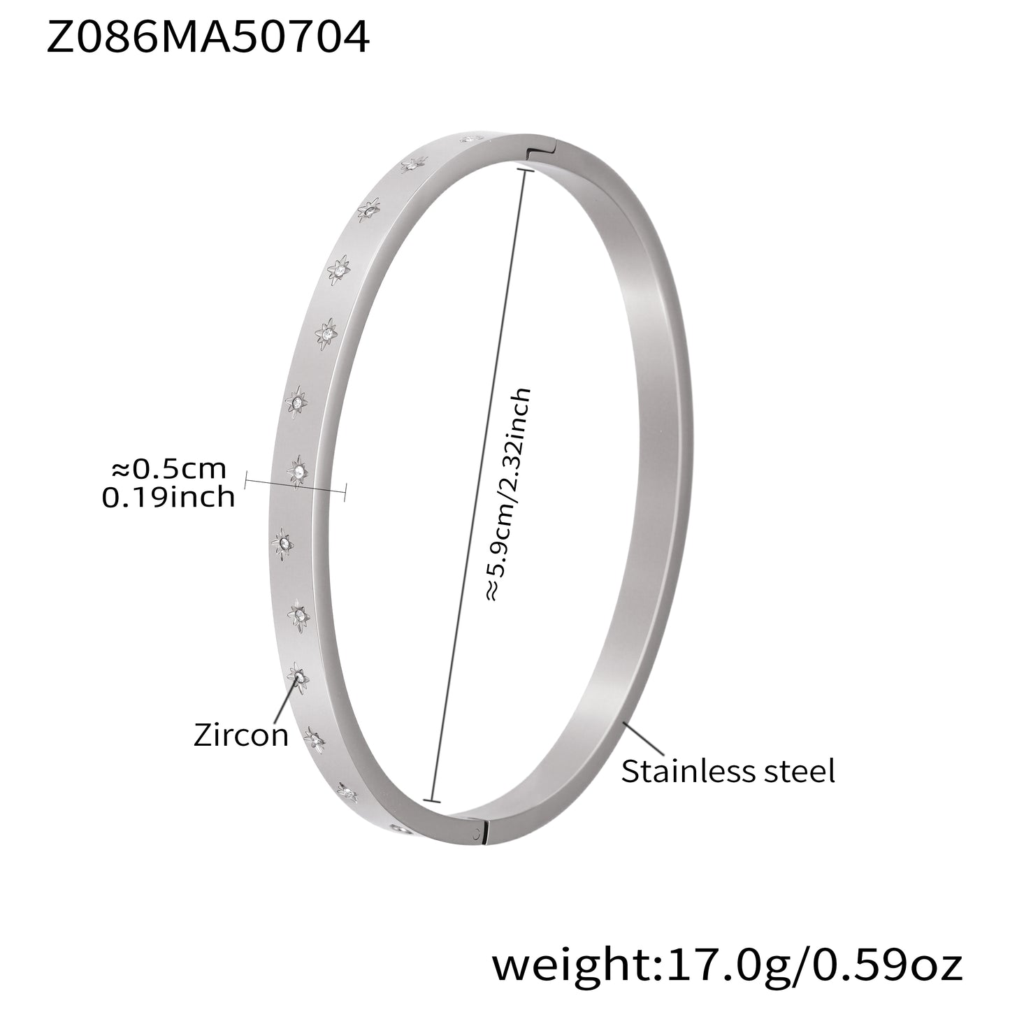 polished silver stainless steel full star zircon bangle spec view, inner diameter 5.9cm, weight 17.0g