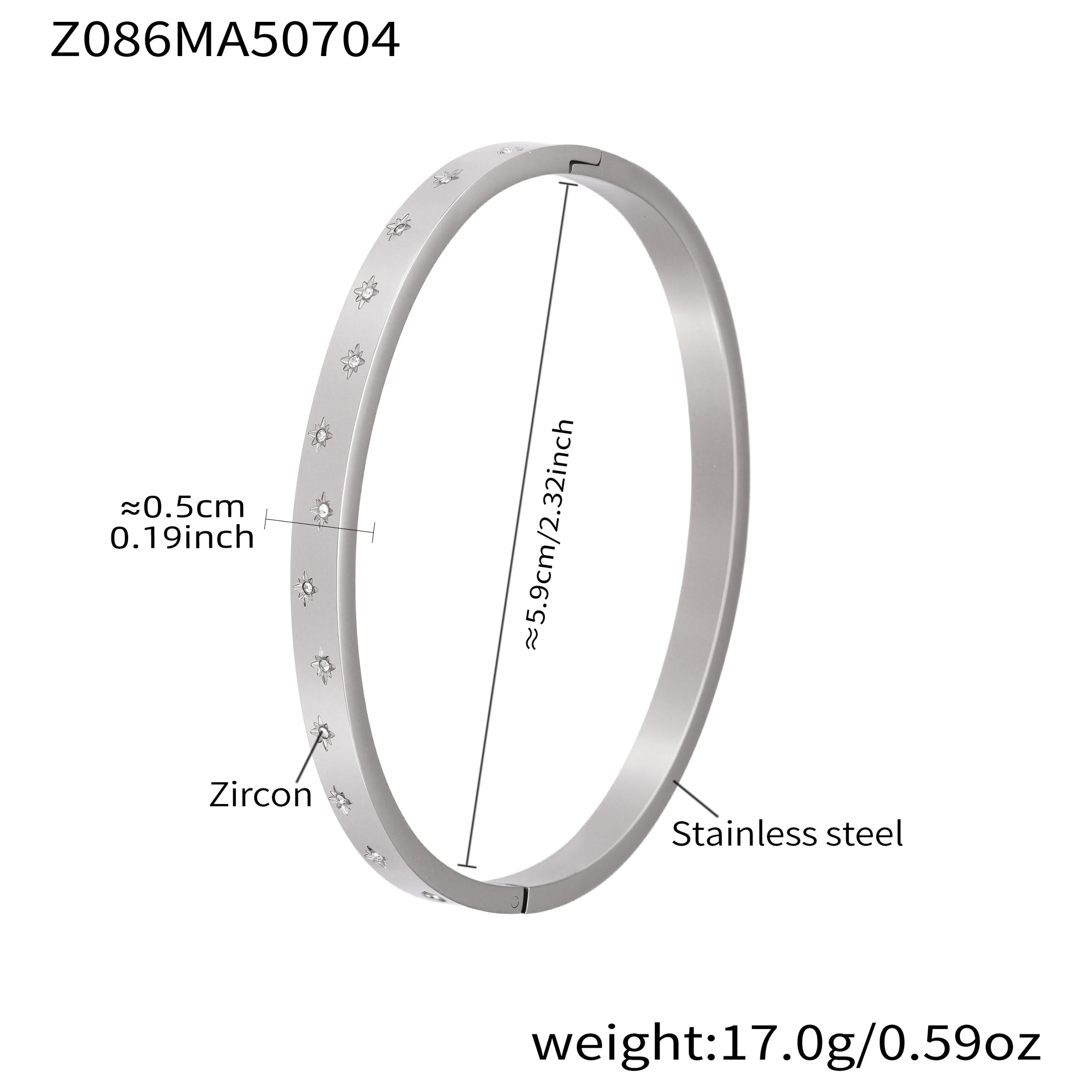 polished silver stainless steel full star zircon bangle spec view, inner diameter 5.9cm, weight 17.0g