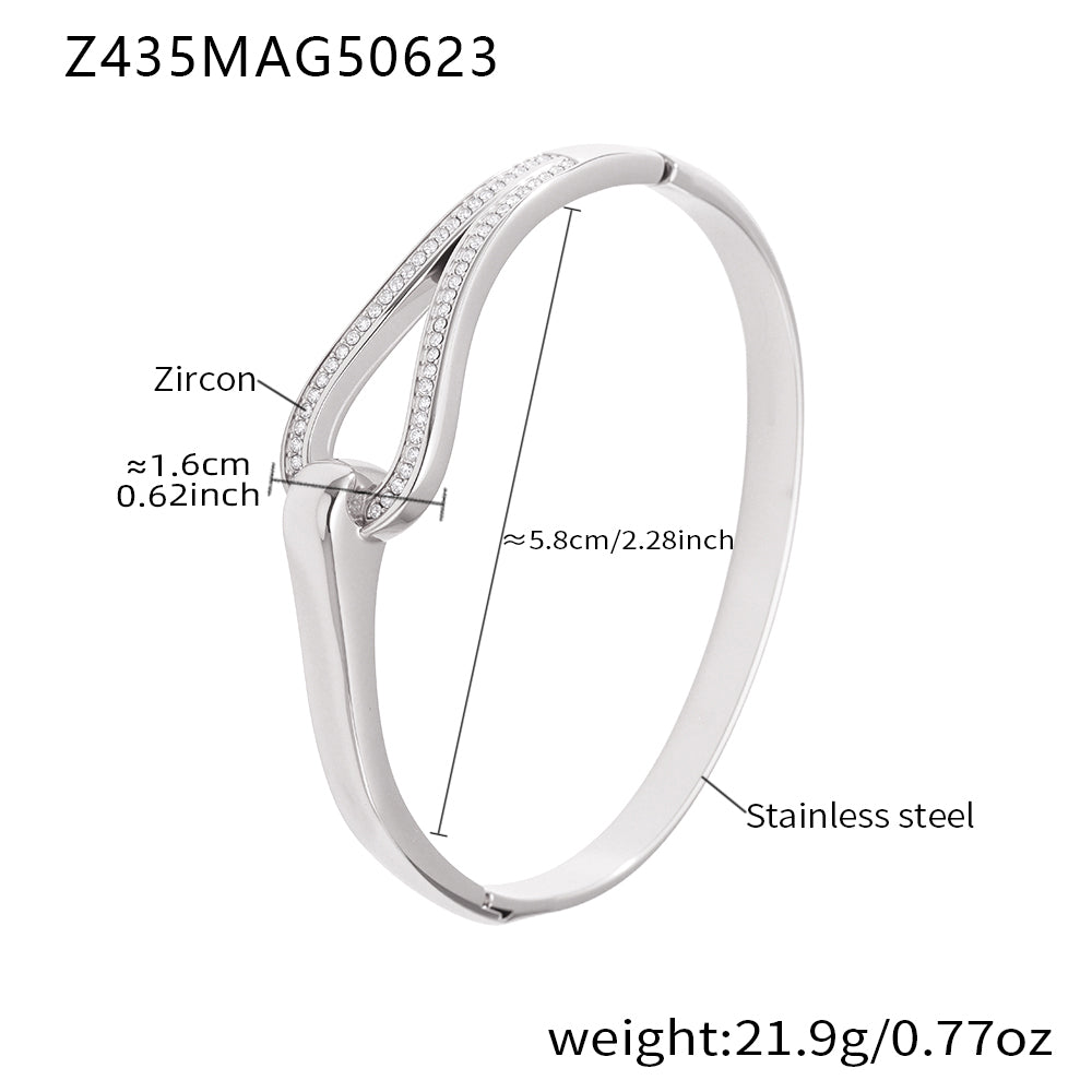 Polished silver stainless steel horseshoe-clasp zircon bangle spec view, inner diameter 5.8cm, weight 21.9g