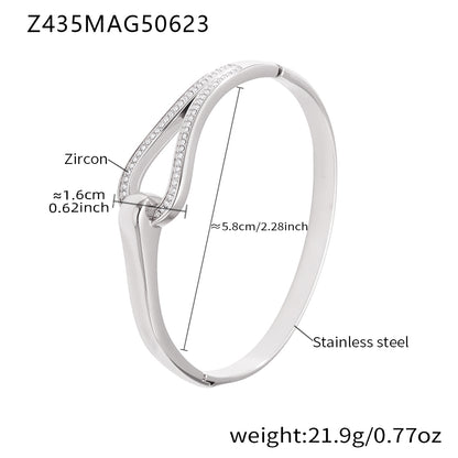 Polished silver stainless steel horseshoe-clasp zircon bangle spec view, inner diameter 5.8cm, weight 21.9g