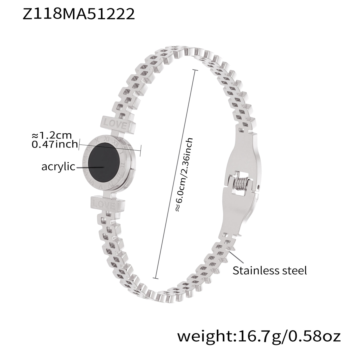 Polished silver stainless steel LOVE acrylic bangle spec view, inner diameter 6.0cm, weight 16.7g