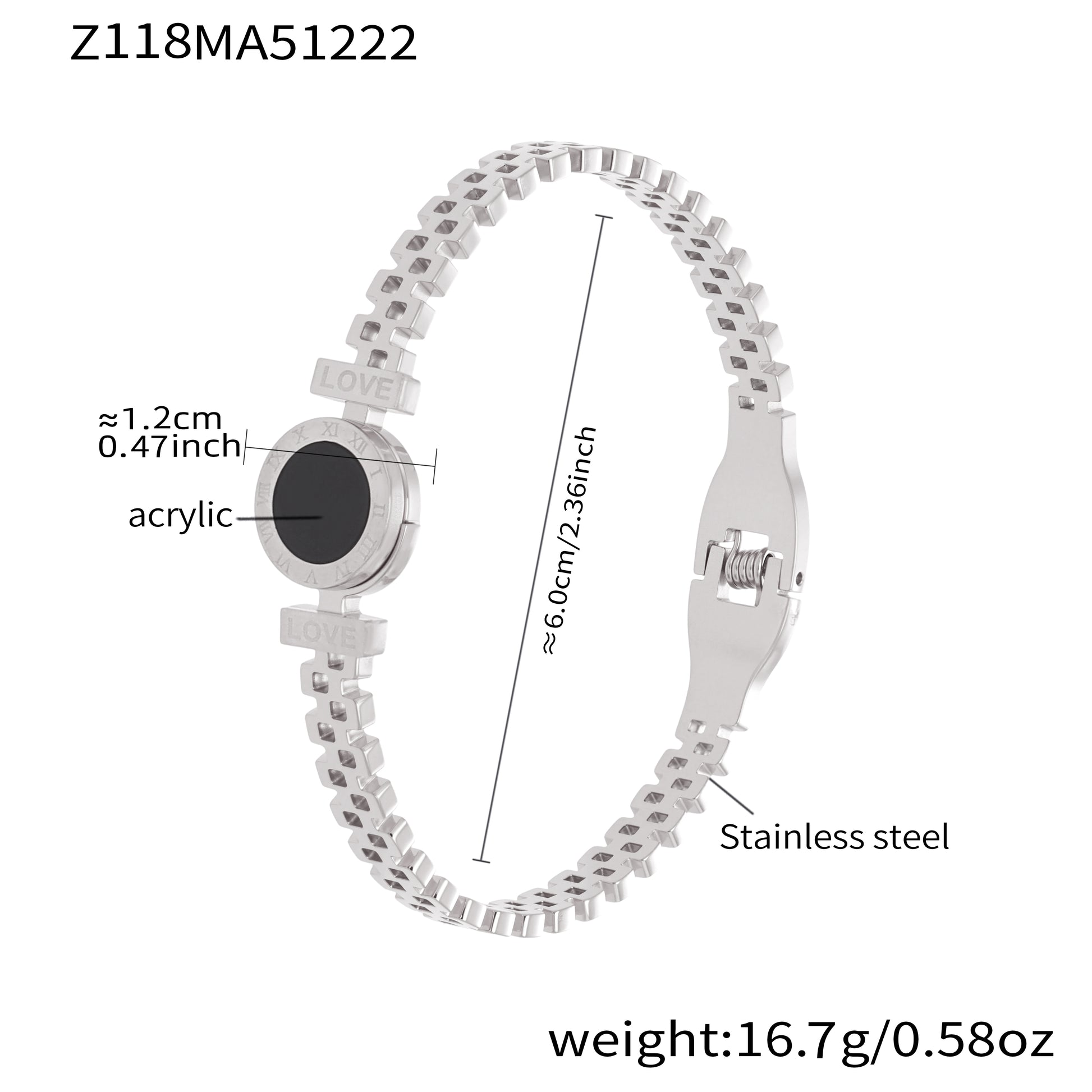 Polished silver stainless steel LOVE acrylic bangle spec view, inner diameter 6.0cm, weight 16.7g