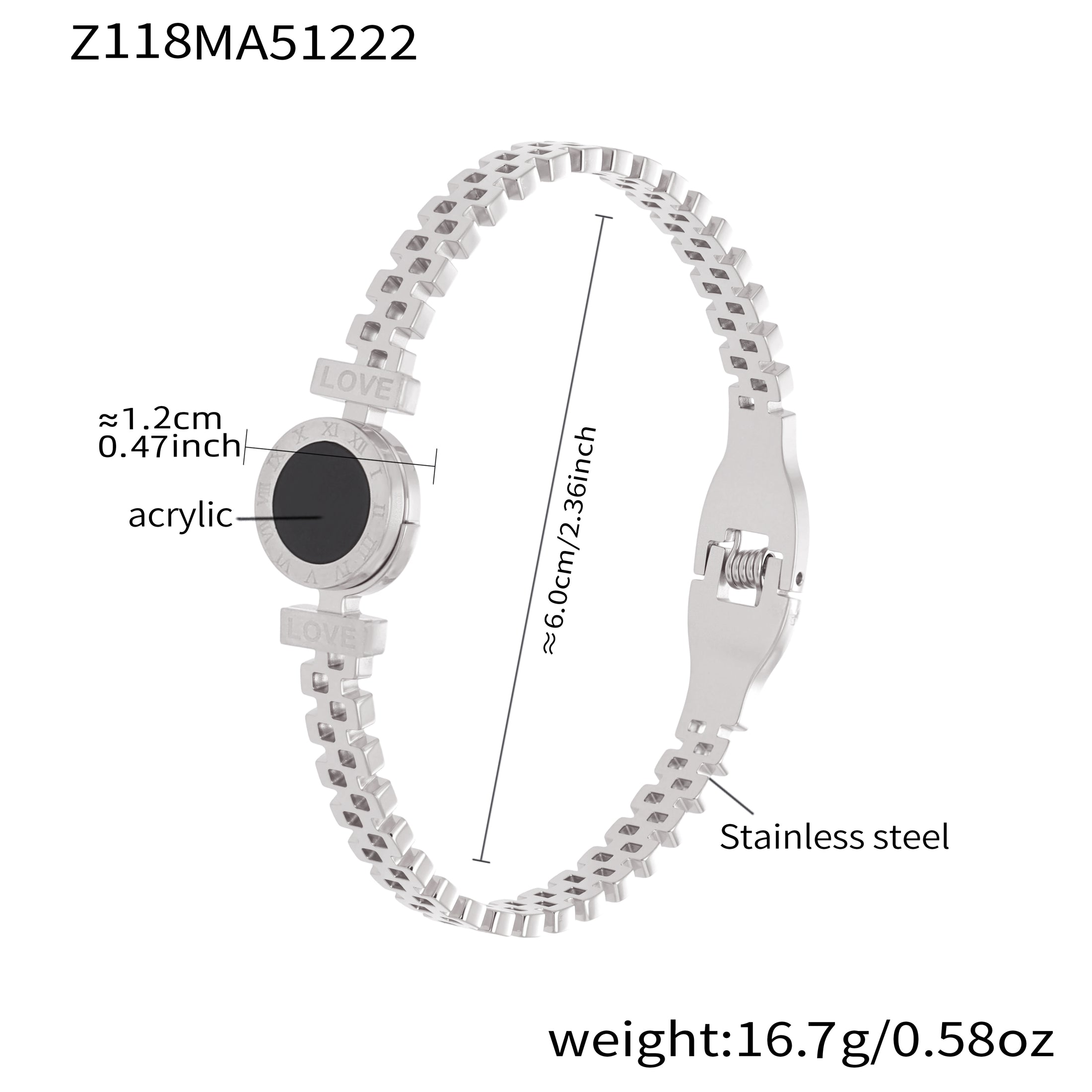 Polished silver stainless steel LOVE acrylic bangle spec view, inner diameter 6.0cm, weight 16.7g