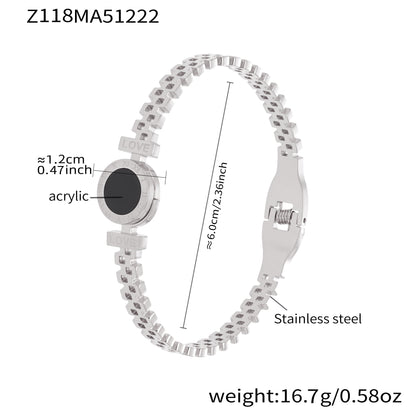 Polished silver stainless steel LOVE acrylic bangle spec view, inner diameter 6.0cm, weight 16.7g