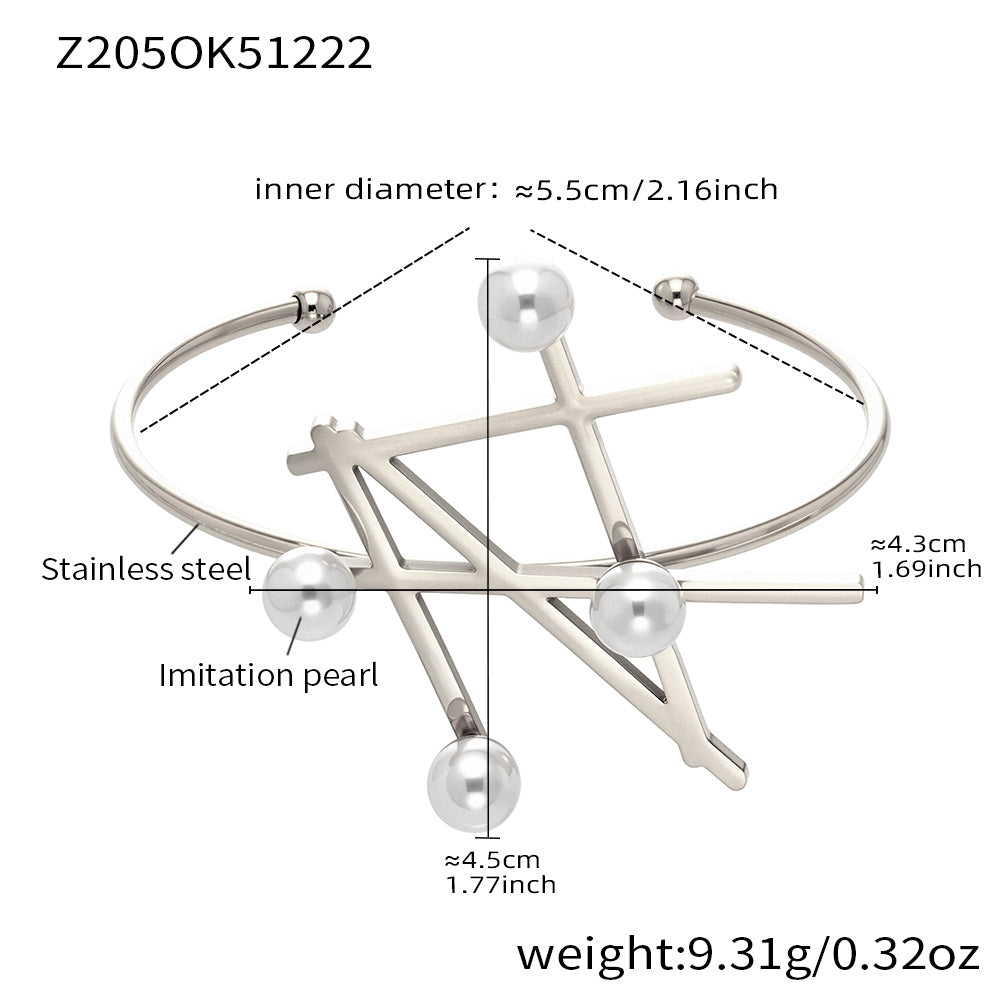 Polished silver stainless steel pearl geometric bangle spec view, inner diameter 5.5cm, weight 9.31g