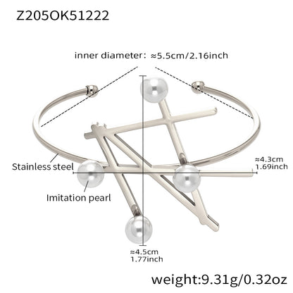 Polished silver stainless steel pearl geometric bangle spec view, inner diameter 5.5cm, weight 9.31g
