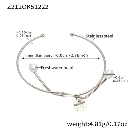 Polished silver stainless steel pearl & lucky tag bangle spec view, inner diameter 6.0cm, weight 4.81g