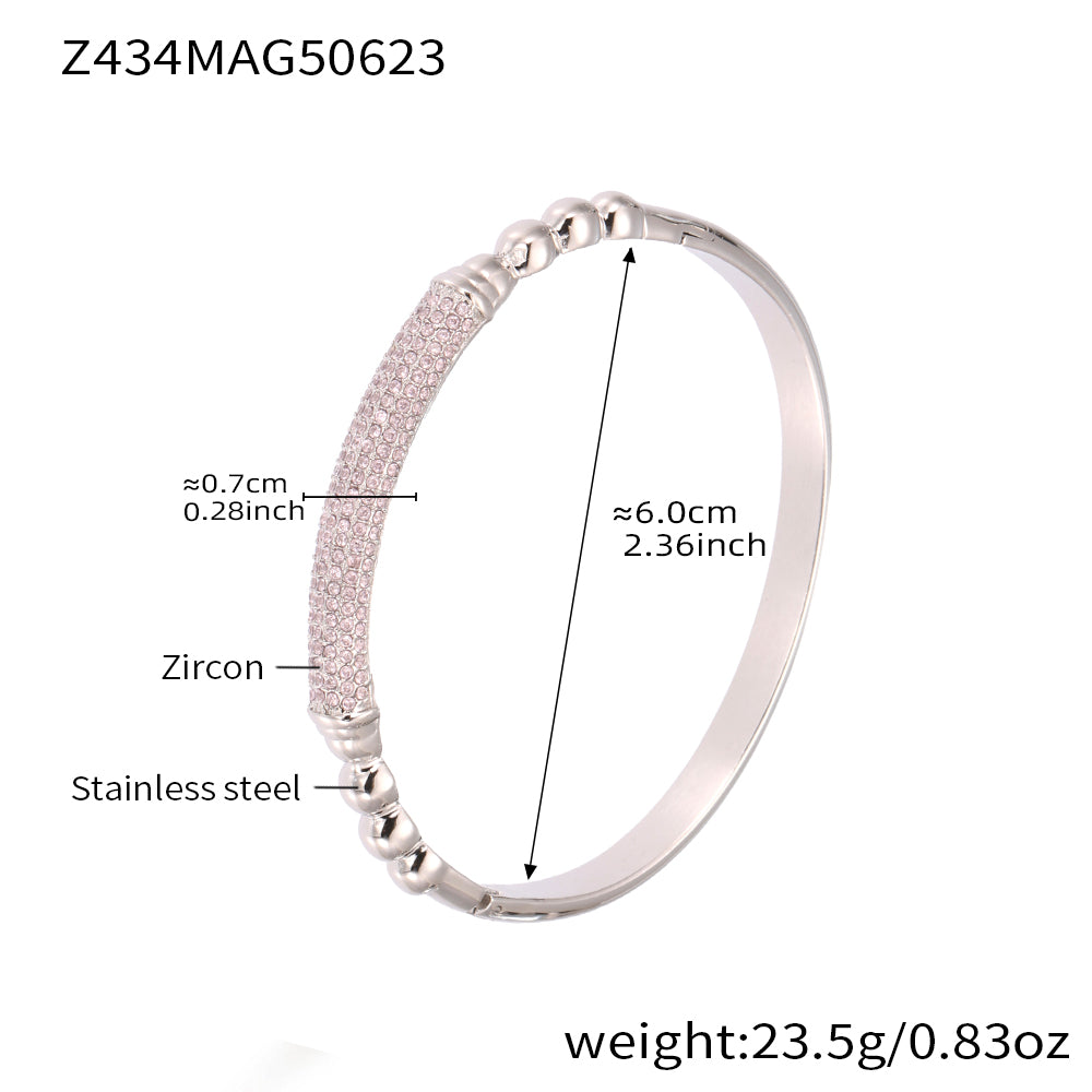 Polished silver stainless steel pink zircon bangle spec view, inner diameter 6.0cm, weight 23.5g
