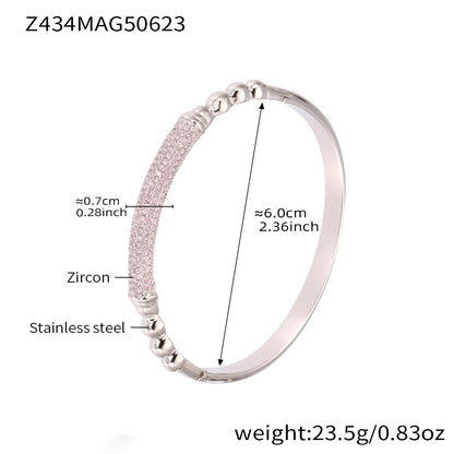 Polished silver stainless steel pink zircon bangle spec view, inner diameter 6.0cm, weight 23.5g
