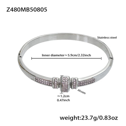 polished silver stainless steel pink zircon bracelet spec view, inner diameter 5.9cm, weight 23.7g