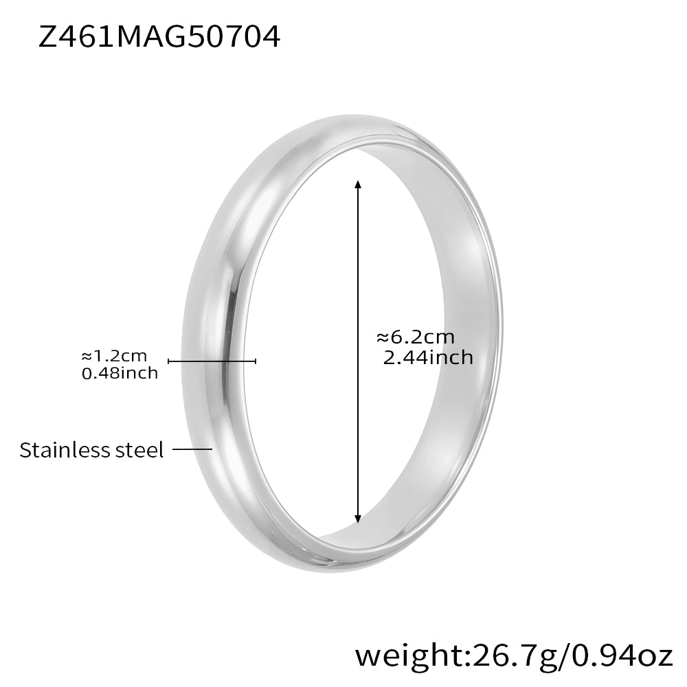 Polished silver stainless steel plain bangle spec view, inner diameter 6.2cm, weight 26.7g